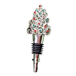 Christmas Tree Wine Bottle Stopper Silver Circles Red Green Rhinestones Barware